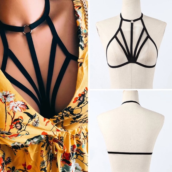 New! Black Halter Strap Cage Bra - Picture 7 of 9